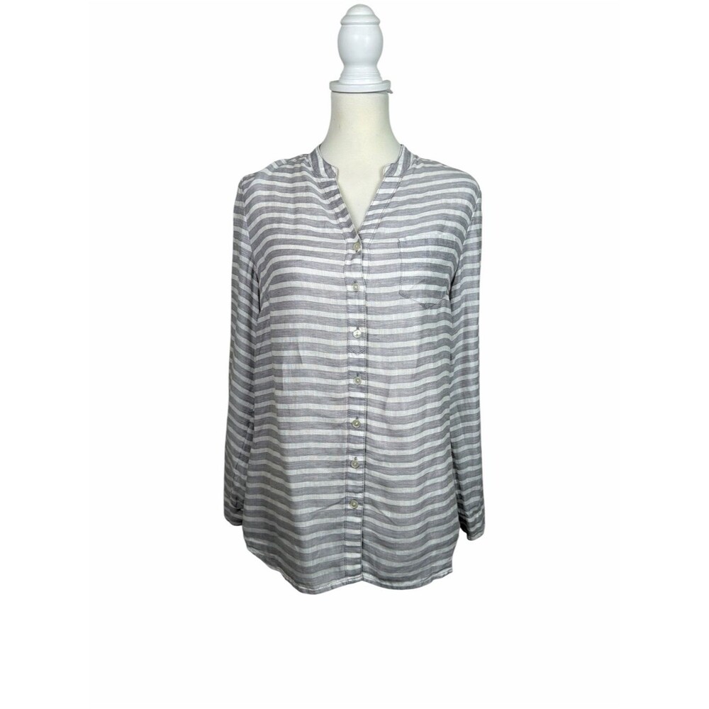 Coldwater Creek 100% Linen Striped Button Front Blouse Gray White XS Coastal
